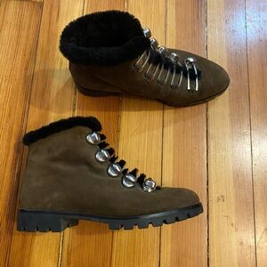 Stella Luna shearling suede black olive green metal clasp winter booties ski